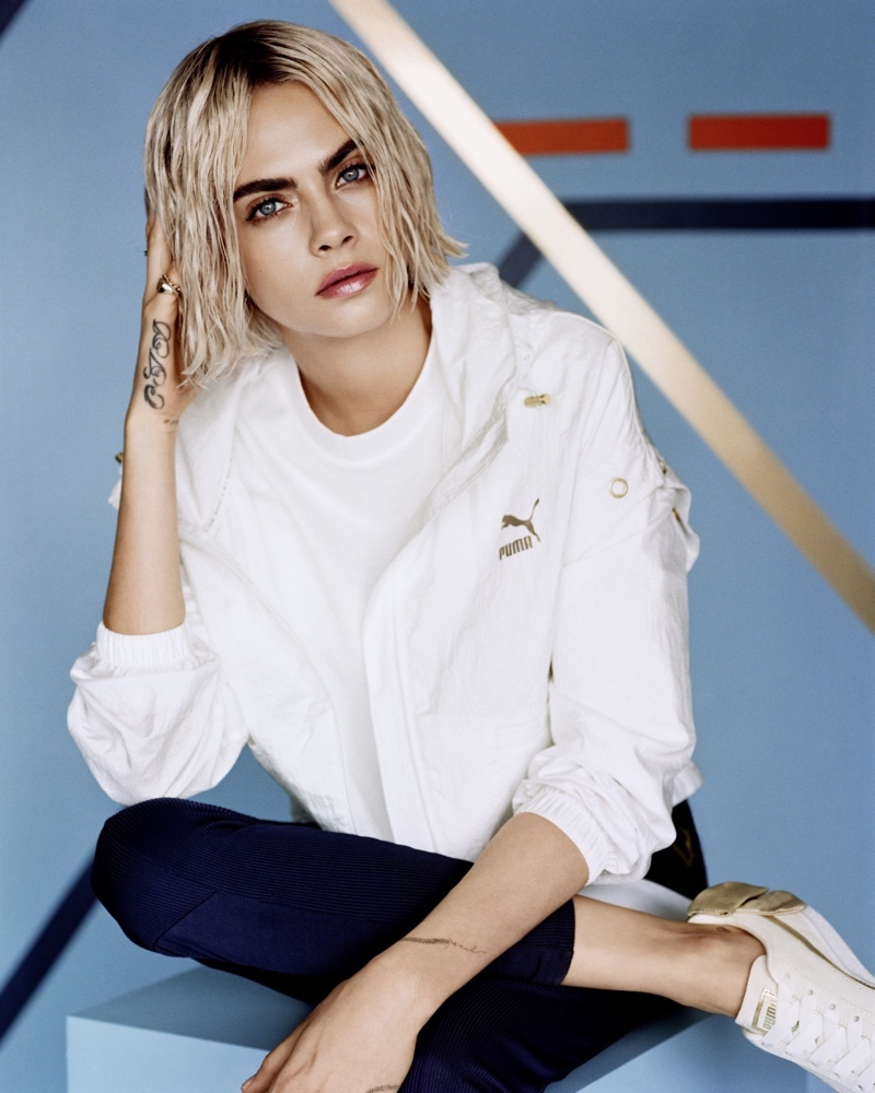 Supermodel Cara Delevinge appears in new PUMA campaign wearing the Suede Bow Varsity sneaker