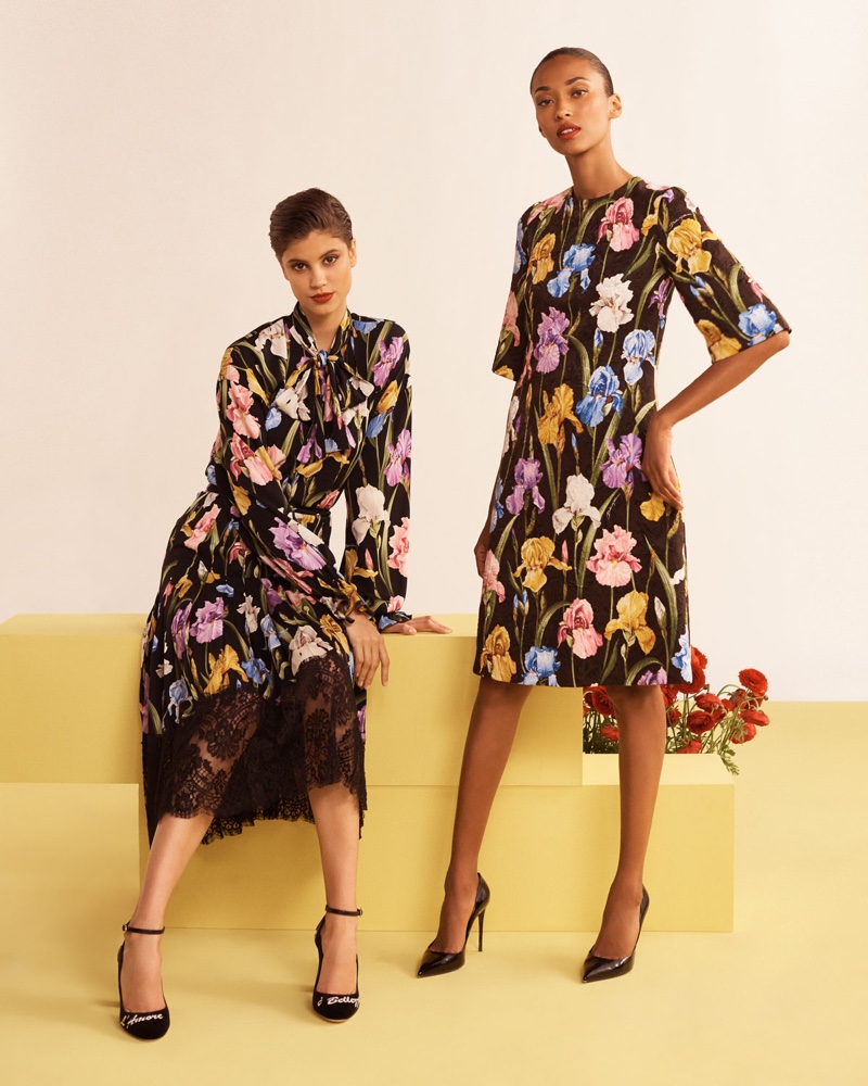 (Left) Dolce & Gabbana Long-Sleeve Tie-Neck Iris-Print Charmeuse Blouse and Floral-Print Silk Charmeuse Pleated Skirt with Lace Hem (Right) Dolce & Gabbana Elbow Sleeve Iris-Print A-Line Brocade Dress