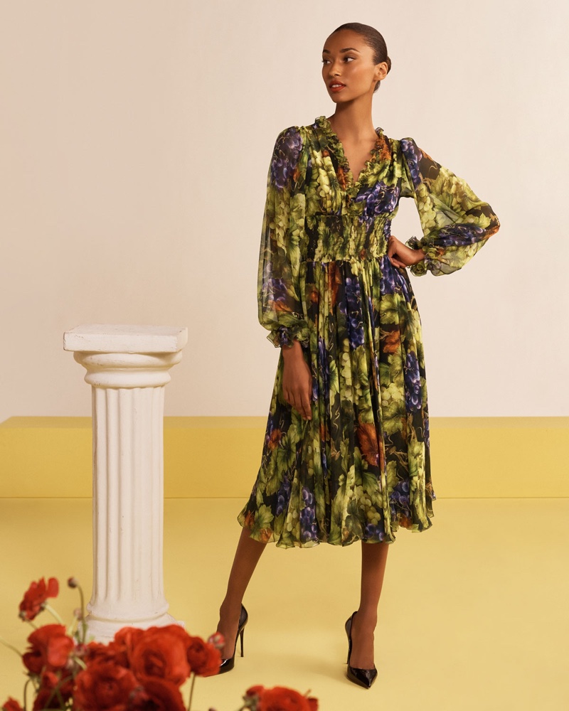 Dolce & Gabbana Long-Sleeve Ruched Waist V-Neck Grape Print Midi Dress