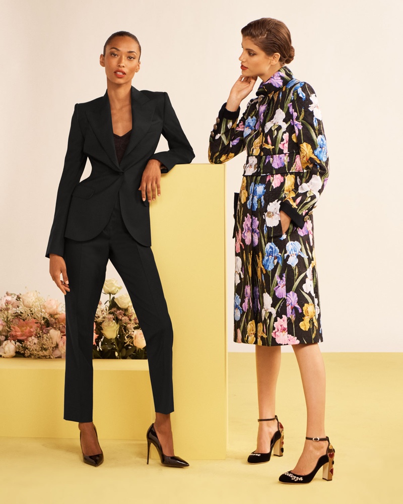 (Left) Dolce & Gabbana Peak-Lapel One Button Light-Wool Jacket and High-Rise Pleated Front Straight Leg Wool Pants (Right) Dolce & Gabbana Iris-Print Brocade Coat
