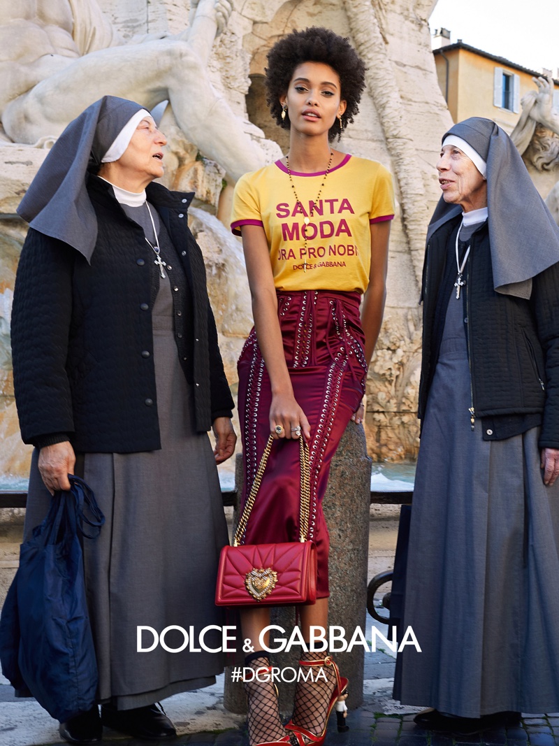 Samile Bermannelli poses with nuns for Dolce & Gabbana fall-winter 2018 campaign