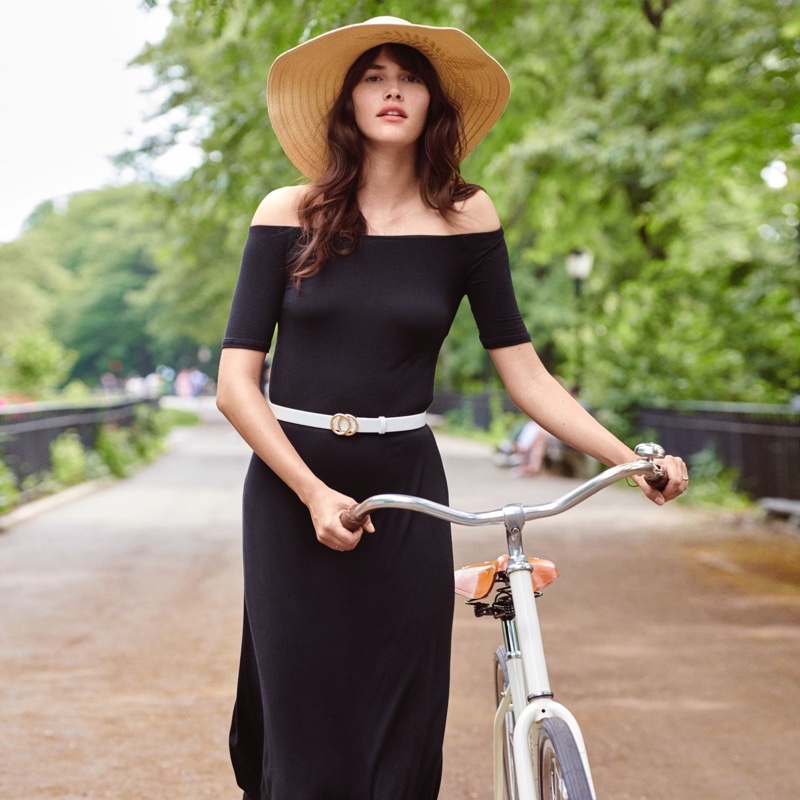 H&M Off-the-Shoulder Dress, Straw Hat with Embroidery and Narrow Belt