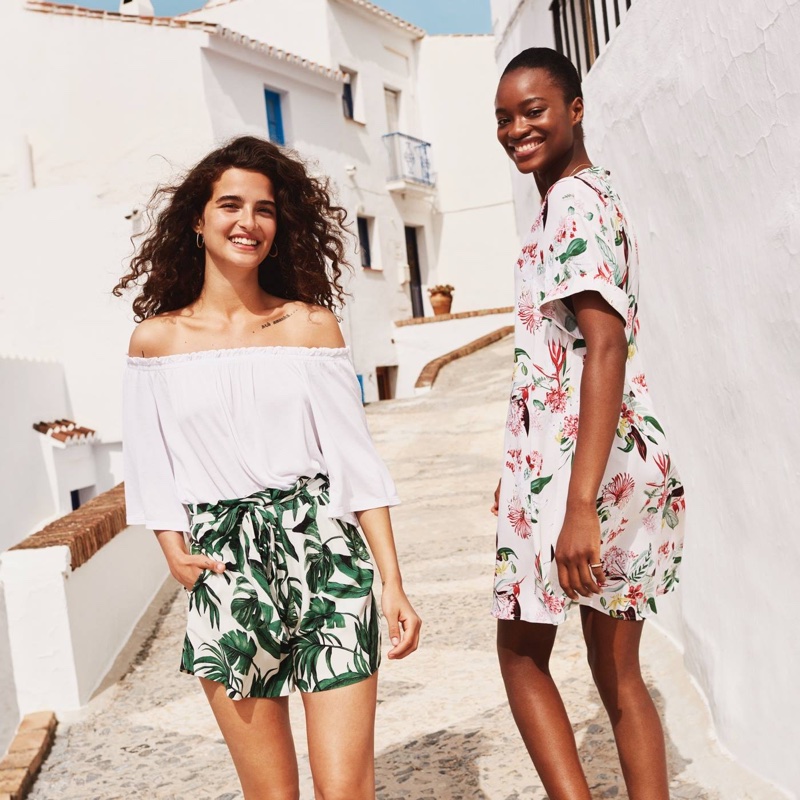 (Left) H&M Off-the-Shoulder Top and Shorts with Tie Belt (Right) H&M V-Neck Dress