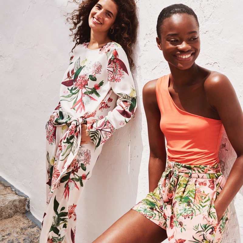 (Left) H&M Patterned Blouse and Ankle-Length Pants (Right) H&M One-Shoulder Top and Shorts with Tie Belt