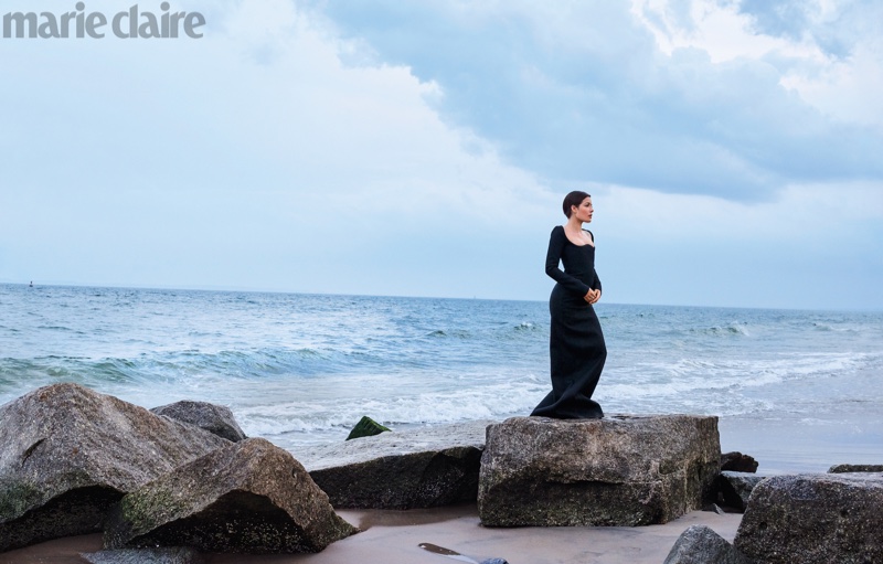 Singer Halsey poses in Saint Laurent dress