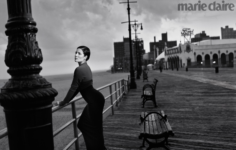 Photographed in black and white, Halsey poses in Marie Claire