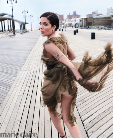 Halsey Takes the Spotlight in Marie Claire Halsey poses in Dior dress and Simon G. Jewelry earrings