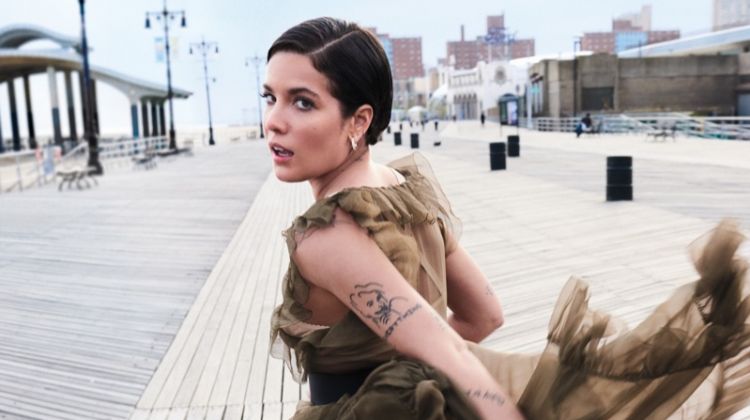 Halsey poses in Dior dress and Simon G. Jewelry earrings