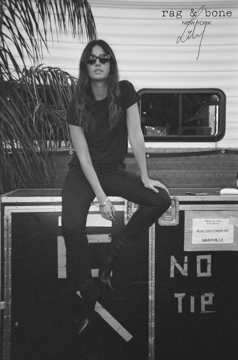 Photographed in black and white, Lily Aldridge wears denim look for Rag & Bone DIY Project
