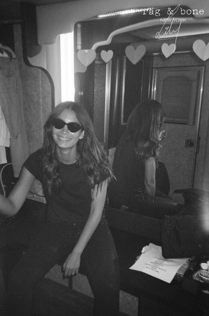 Wearing sunglasses, Lily Aldridge appears in Rag & Bone DIY Project