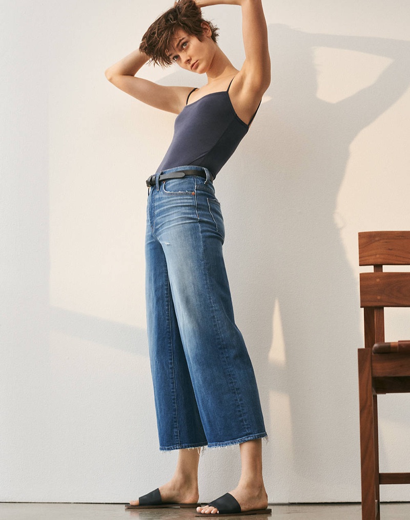 Madewell Sandwashed Cami Bodysuit, Wide-Leg Crop Jeans in Finney Wash and The Boardwalk Post Slide Sandal