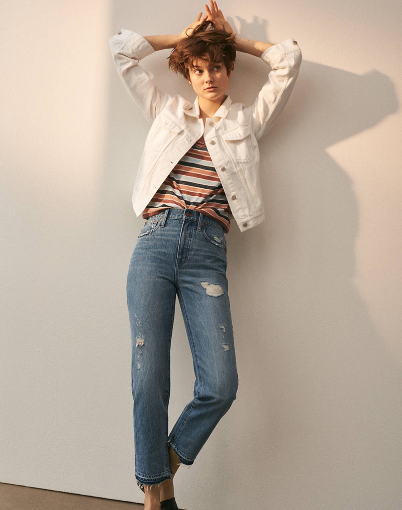 Madewell The Boxy-Crop Jean Jacket in Tile White, Alto Scoop Tee in Colborne Stripe and Classic Straight Jeans: Destructed Edition