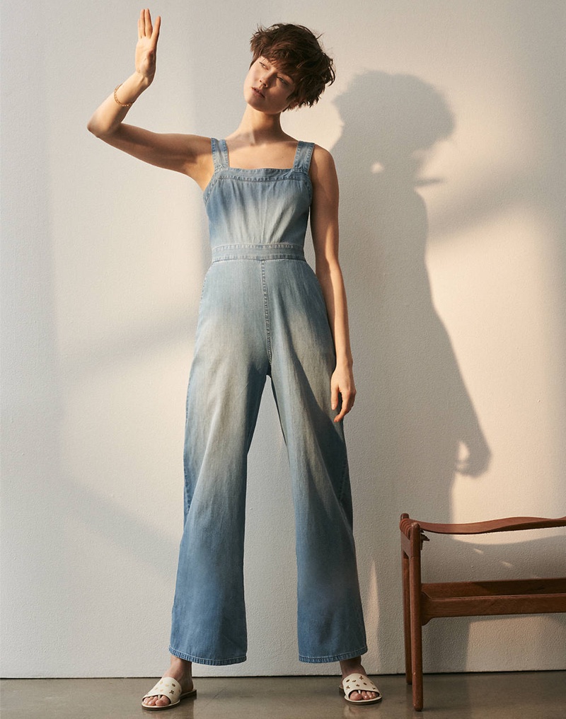 Madewell Denim Apron Bow-Back Jumpsuit and The Boardwalk Post Slide Sandal: Cactus Embossed Edition