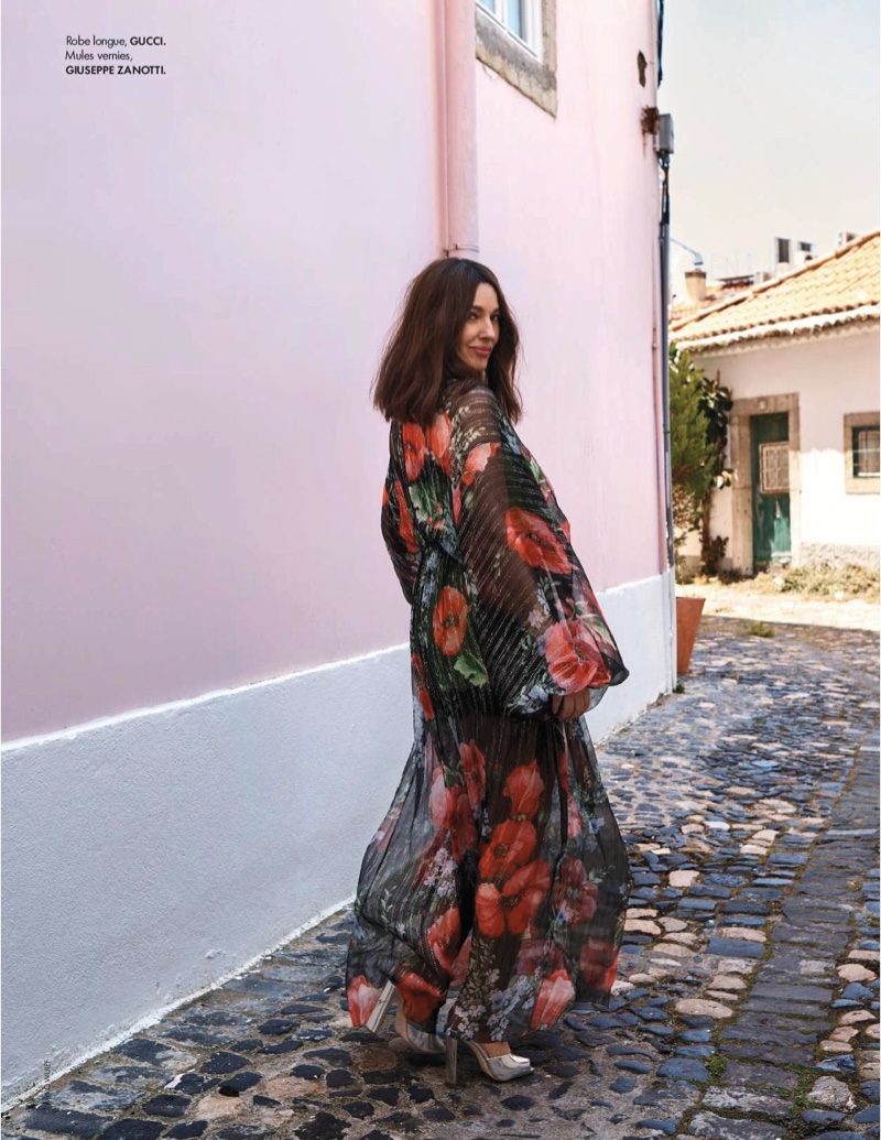 Monica Bellucci wears Gucci dress and Giuseppe Zanotti mules