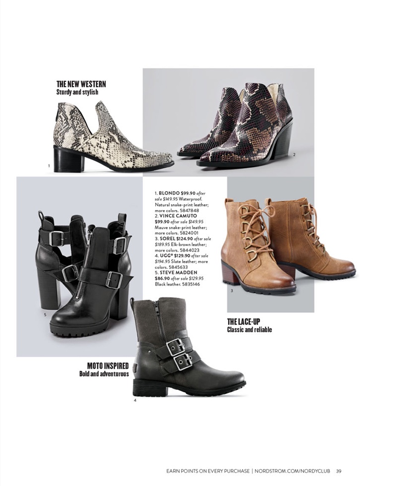 Blondo Snake-Print Leather Boots $99.90 (previously $149.95), Vince Camuto Mauve Snake-Print Leather Boots $99.90 (previously $149.95), Sorel Elk-Brown Leather Boots $124.90 (previously $189.95) UGG Slate Leather Boots $194.95 (previously $129.90) and Steve Madden Black Leather Boots $129.95 (previously $86.90)