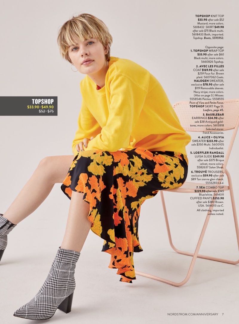 Topshop Longline Sweatshirt $33.90 (previously $52.99), Topshop Printed Midi Skirt $44.90 (previously $75.00) and Jeffrey Campbell Coma Stretch Bootie $82.90 (previously $124.95)