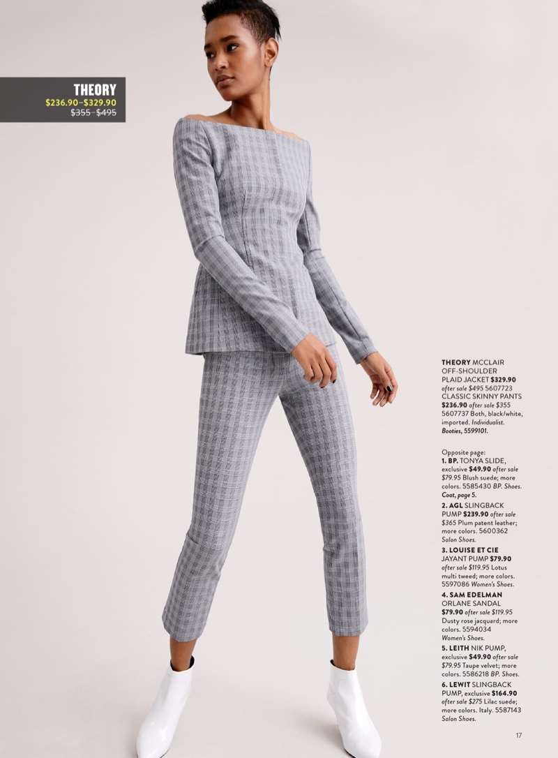Theory 'McClair' Plaid Off the Shoulder Jacket $329.90 (previously $495.00), Theory McClair Plaid Straight Trousers $236.90 (previously $335.00) and Via Spiga Madilyn Pointy Toe Bootie $179.90 (previously $275.00)