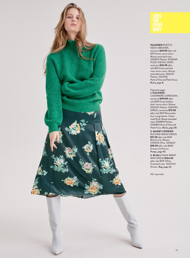 Halogen Ruffle Neck Sweater $49.90 (previously $79.00), Halogen Pleat Detail Midi Skirt $45.90 (previously $69.00) and Marc Fisher LTD Dacey Boot $179.90 (previously $278.95)