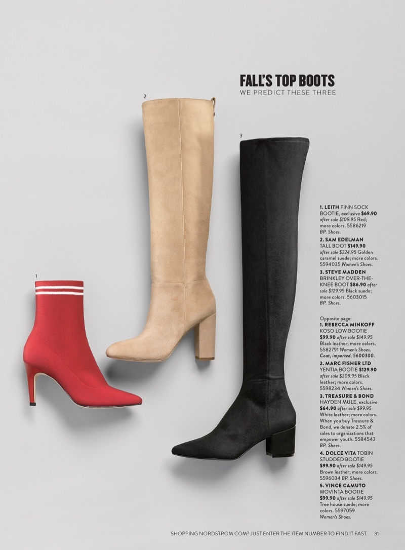 LEITH Sock Bootie $69.90 (previously $109.95), Sam Edelman Caprice Knee-High Boot $149.90 (previously $224.95) and Steve Madden Brinkley Over the Knee Stretch Boot $86.90 (previously $129.95)