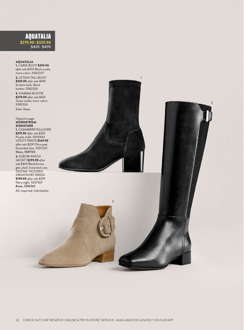 (Top Left) Aquatalia Carie Weatherproof Bootie $299.90 (previously $450.00), (Bottom Left) Aquatalia Fiamma Weatherproof Bootie $279.90 (previously $425.00) and (Bottom Right) Aquatalia Letizia Weatherproof Boot $329