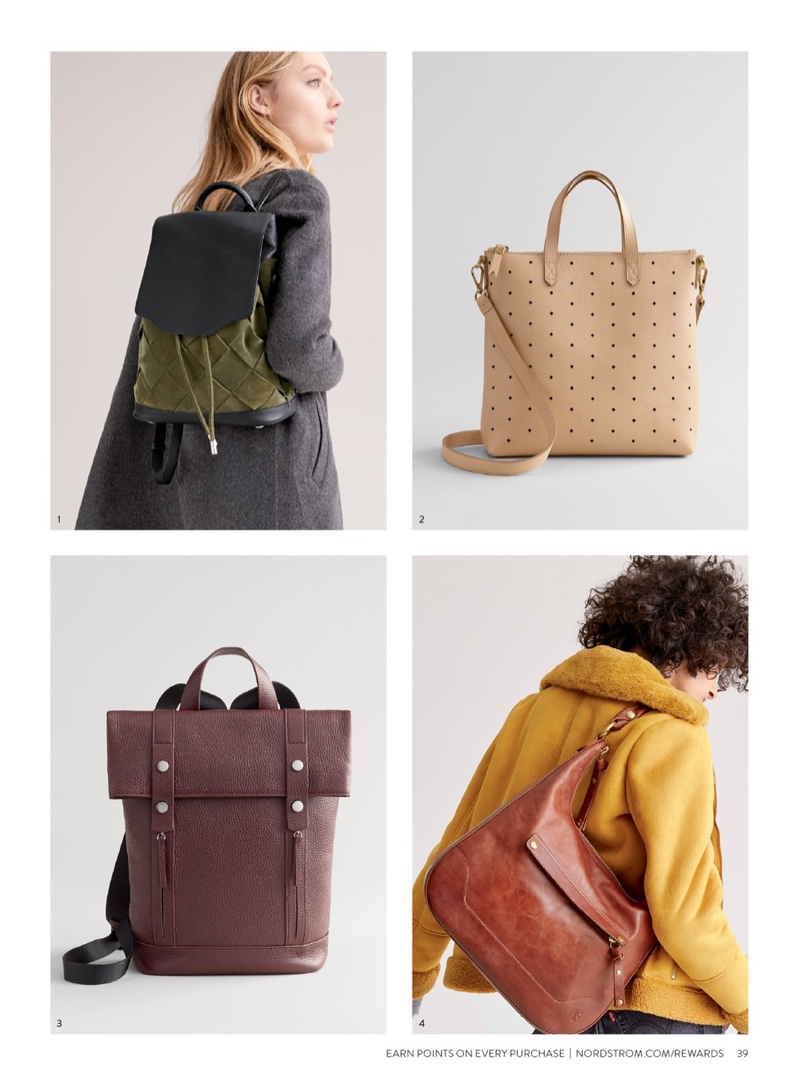 1. Rag & Bone Pilot Suede & Leather Backpack $464.90 (previously $695.00) 2. Madewell Mini Transport Perforated Leather Crossbody Bag $109.90 (previously $168.00) 3. Treasure & Bond Remy Pebbled Leather Backpack $132.90 (previously $199.00) 4. Frye Melissa Large Leather Hobo $265.90 (previously $398.00)