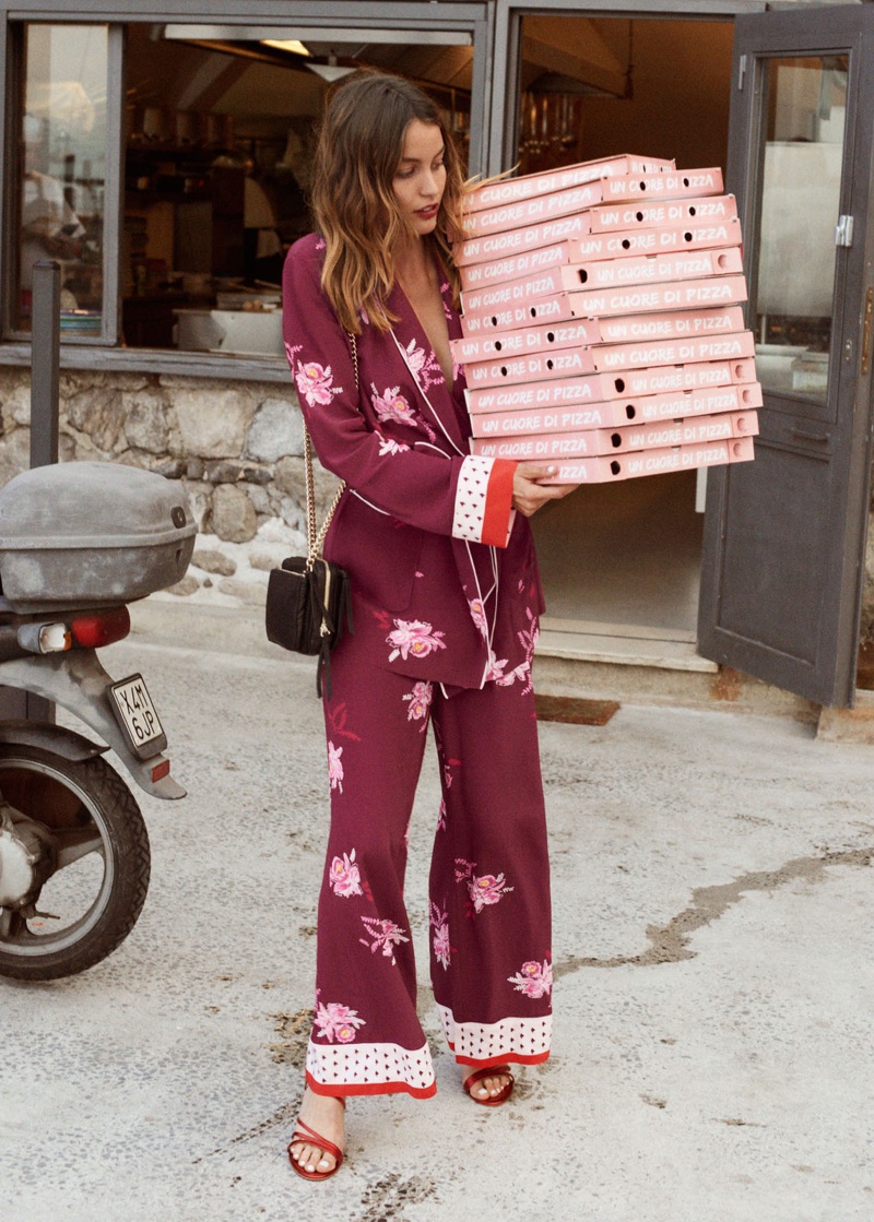 & Other Stories Belted Floral Lounge Blazer, Wide Floral Print Trousers, Short Chain Crossbody Bag and Studded Strappy Stiletto Heels