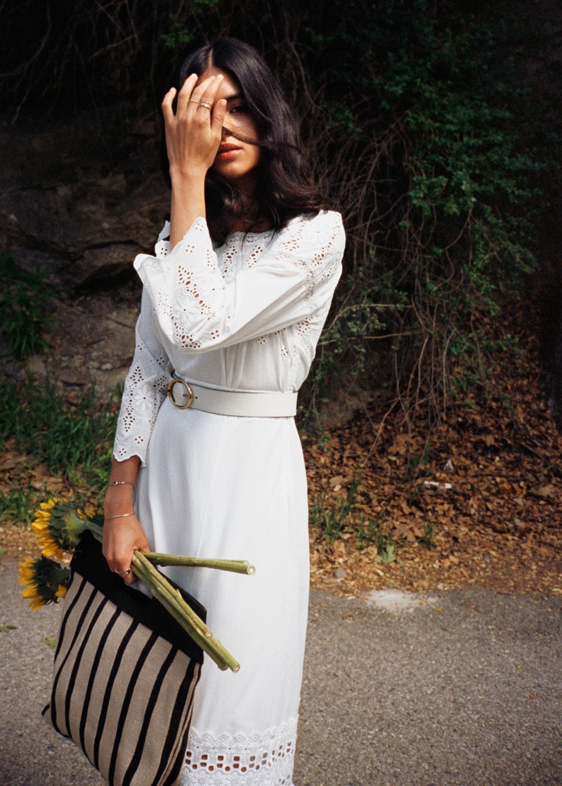 & Other Stories Eyelet Midi Dress and Striped Large Handle Tote