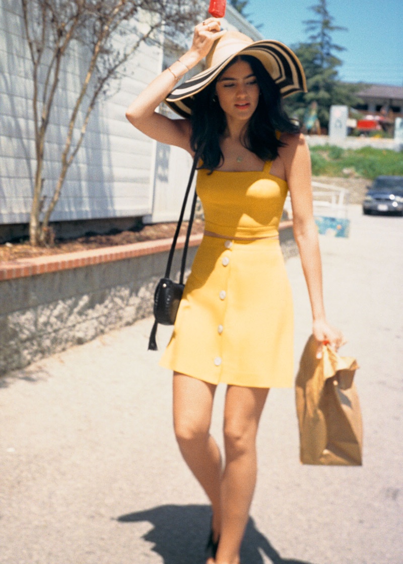 & Other Stories Square Neck Tank Top, A-Line Button Mini Skirt and Braided Mini Saddle Bag