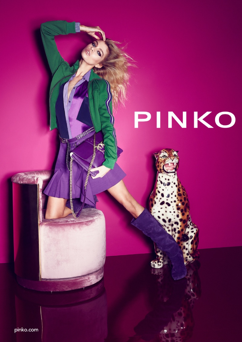 Wearing a colorful look, Stella Maxwell appears in Pinko fall-winter 2018 campaign