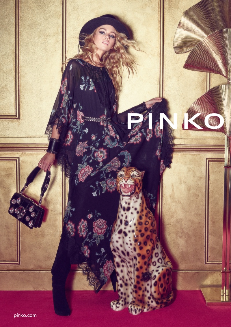 Draped in prints, Stella Maxwell poses for Pinko fall-winter 2018 campaign