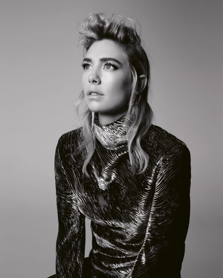 Actress Vanessa Kirby poses in black and white image