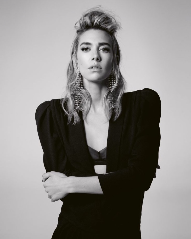 Actress Vanessa Kirby poses in black jacket