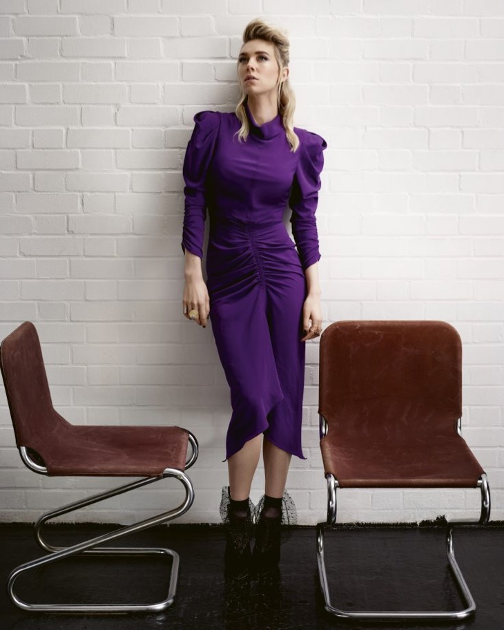 Vanessa Kirby poses in purple dress with ruching