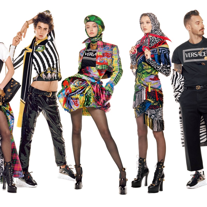 Oscar Kindelan, Gigi Hadid, Kris Grikaite and David Alexander Flinn front Versace fall-winter 2018 campaign