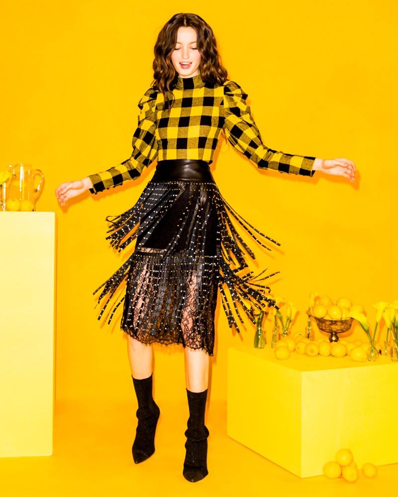 Alice + Olivia Brenna Check Puff-Sleeve Top and Senna Studded Leather Fringe Midi Skirt