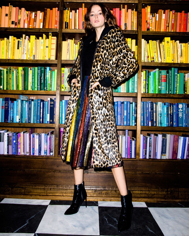 Alice + Olivia Kylie Hoodie Long Leopard Faux-Fur Coat and Tianna High-Waist Stripe Midi Skirt