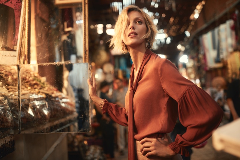 Anja Rubik wears rust blouse in Anthropologie September 2018 catalog