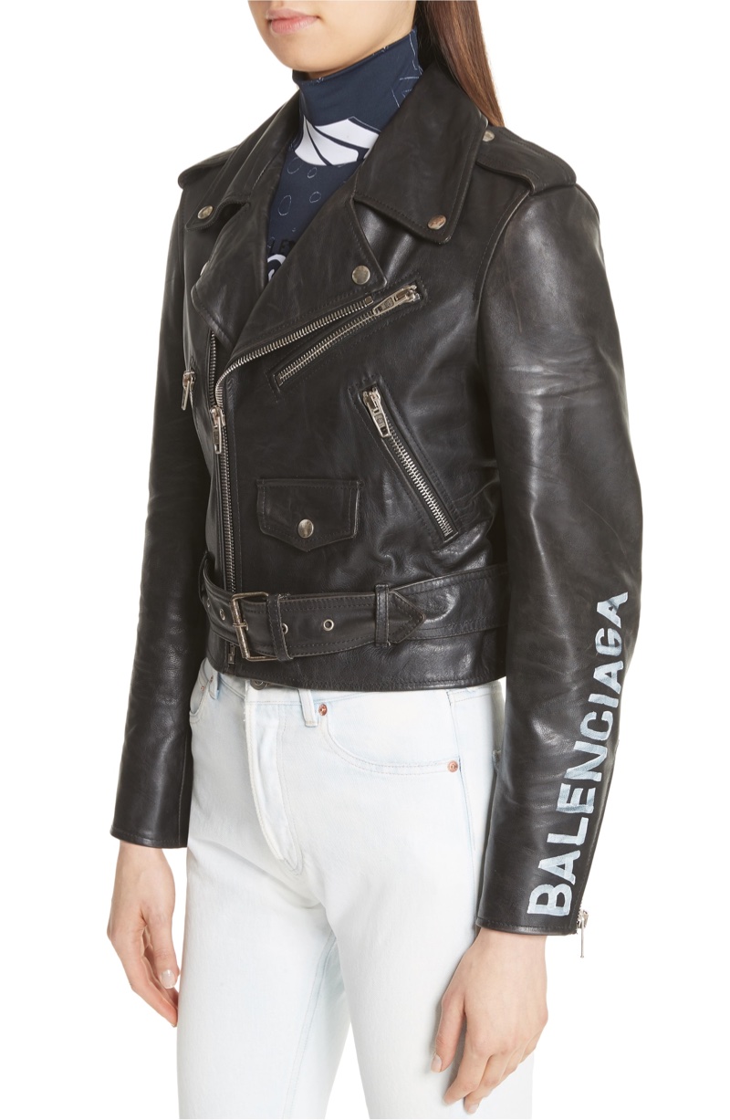 balenciaga logo leather jacket