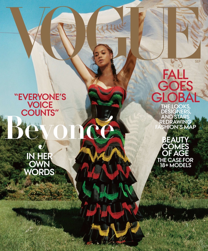 Singer Beyonce wears Alexander McQueen dress and corset on Vogue US September 2018 Cover