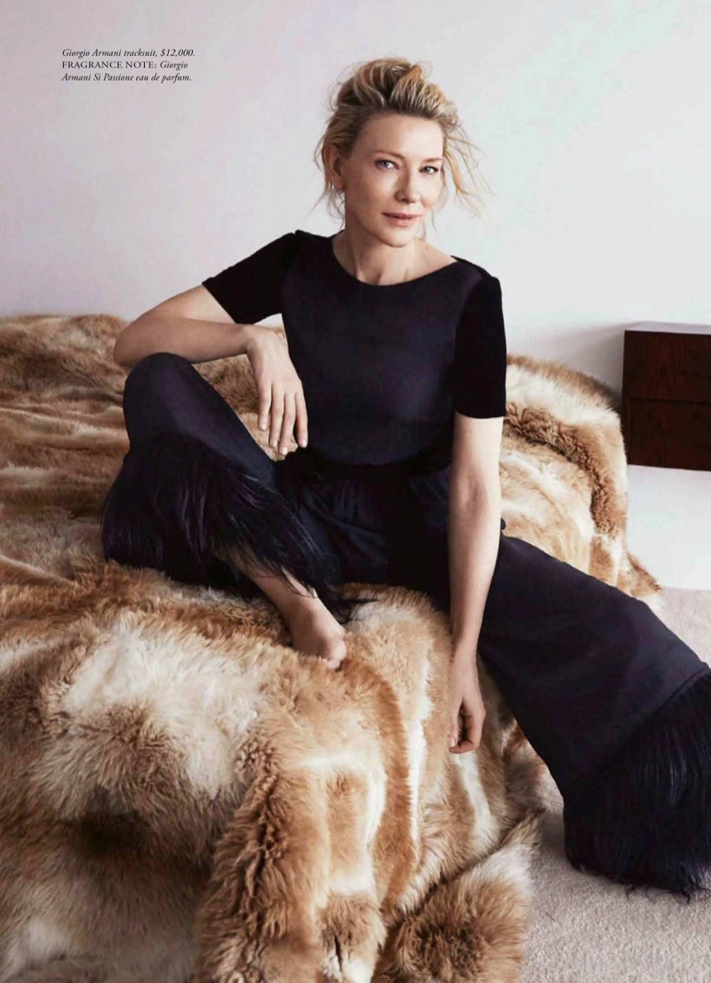 Actress Cate Blanchett poses in a Giorgio Armani jumpsuit