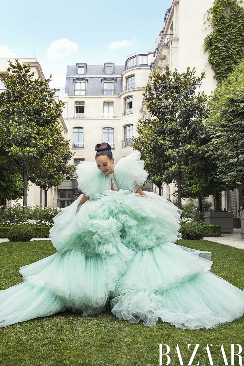 Feiping Chang wears Giambattista Valli Haute Couture gown and Messika Paris earrings