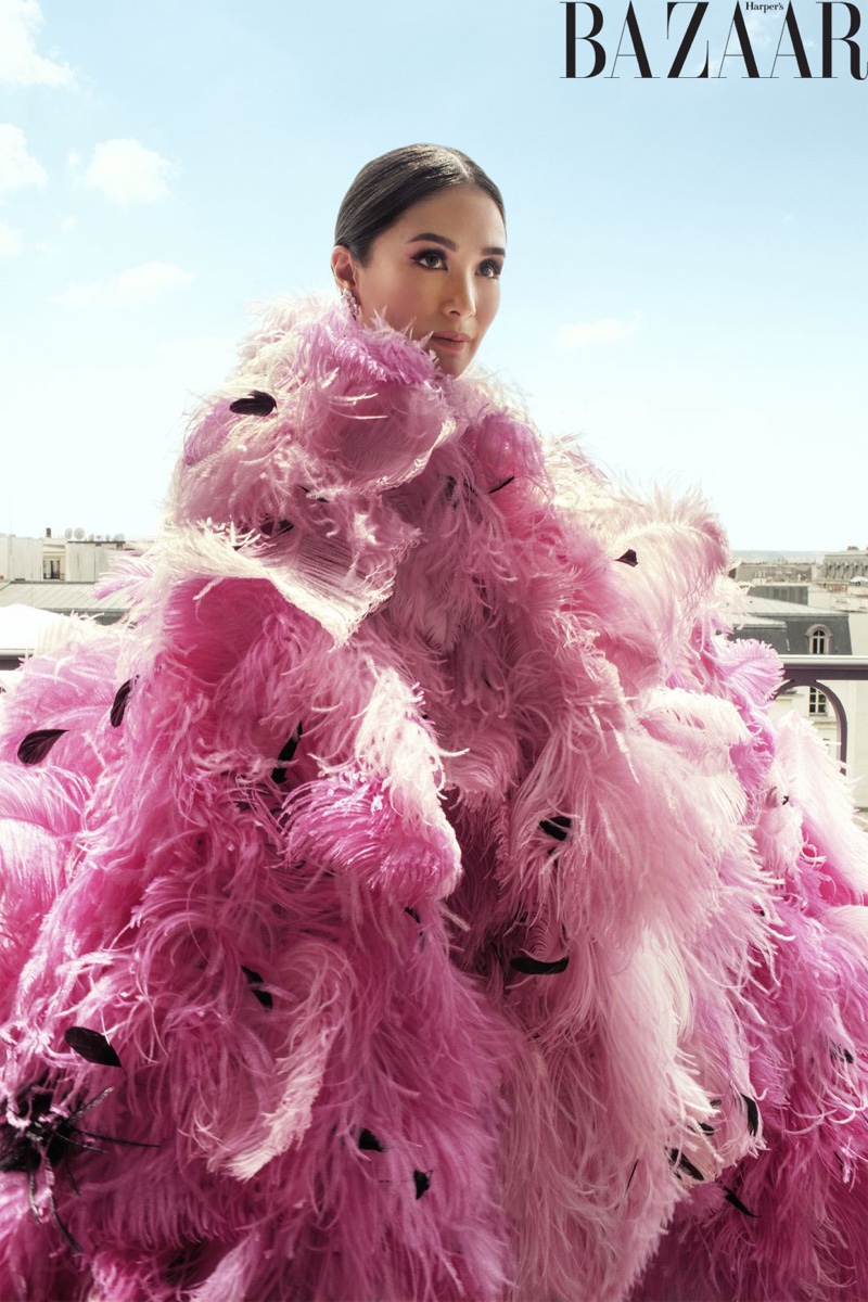 Heart Evangelista poses in Armani Privé cape and Chopard earrings