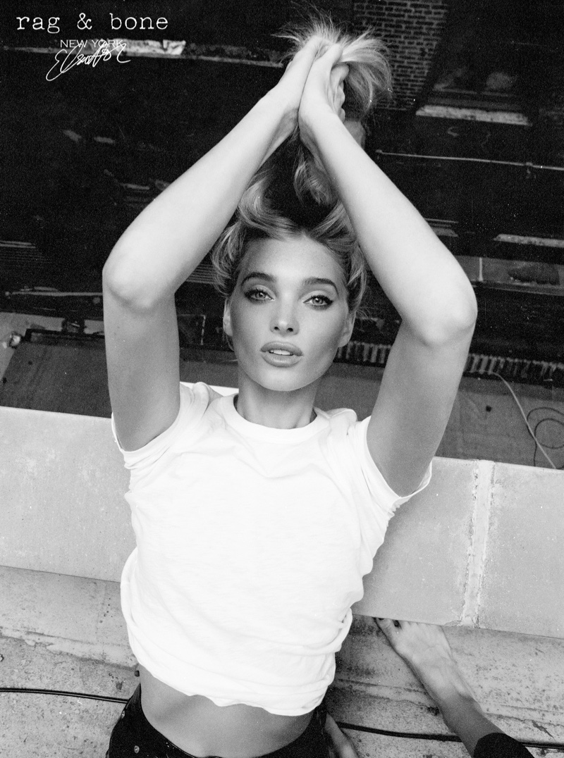Photographed in black and white, Elsa Hosk appears in Rag & Bone DIY Project