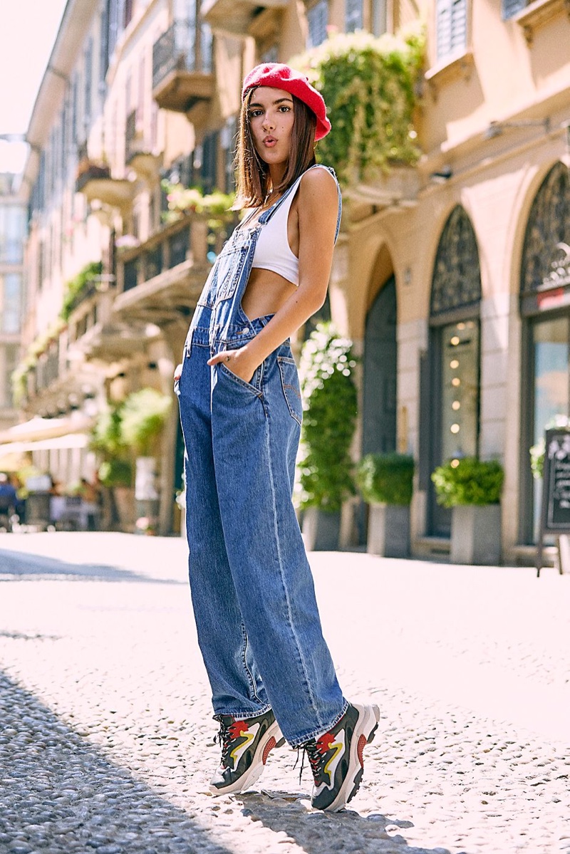 Levi's Baggy Denim Overalls, Intimately Free People Clean Scoop Bralette, Free People Du Jour Beret and Ash Miles Sneaker