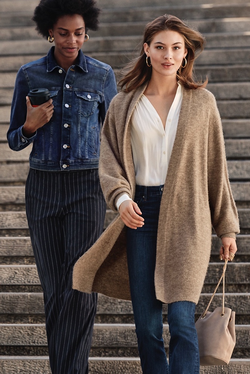 (Left) H&M Conscious Denim Jacket and H&M Wide-Leg Suit Pants (Right) H&M Long Cardigan, Cotton Shirt and Suede Bag