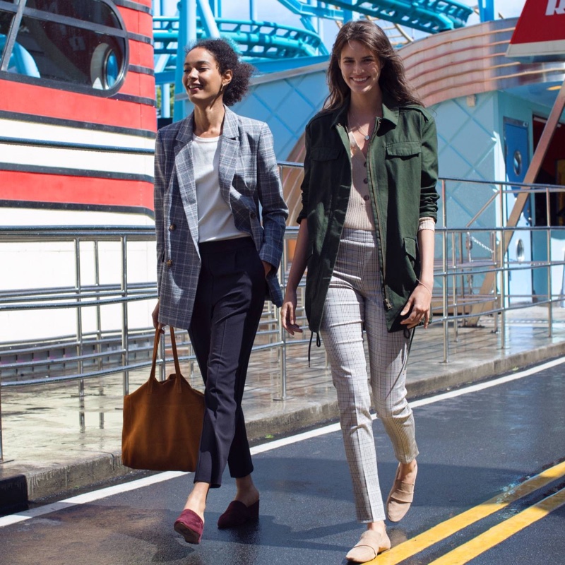 (Left) H&M Double-Breasted Jacket, Cotton T-Shirt, Pull-On Pants, Suede Shopper and Suede Mules (Right) H&M Long Utility Jacket, Ribbed Top, Slacks and Loafers