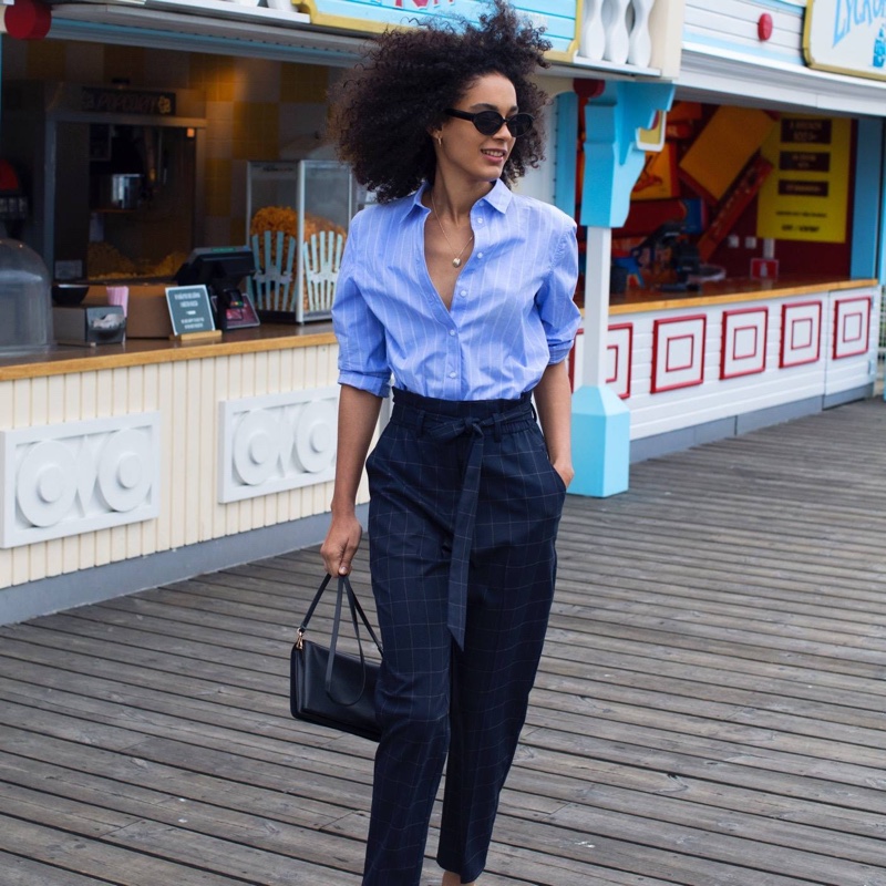 H&M Cotton Shirt, Paper-Bag Pants, Small Shoulder Bag and Sunglasses