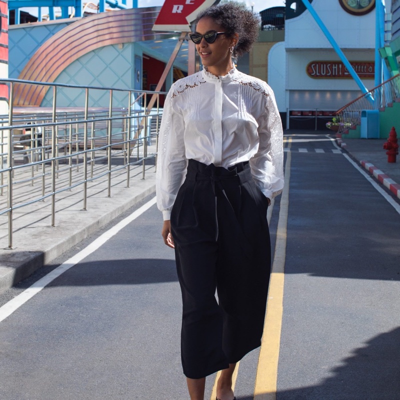 H&M Embroidered Blouse, Wide-Cut Pants and Sunglasses