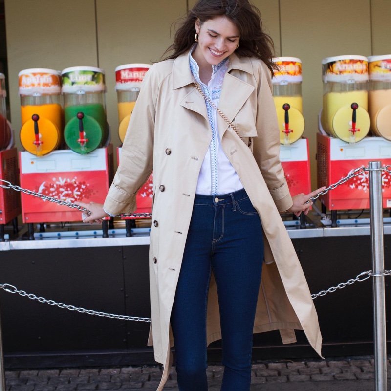 H&M Trench Coat, Embroidered Cotton Blouse and Skinny Regular Ankle Jeans