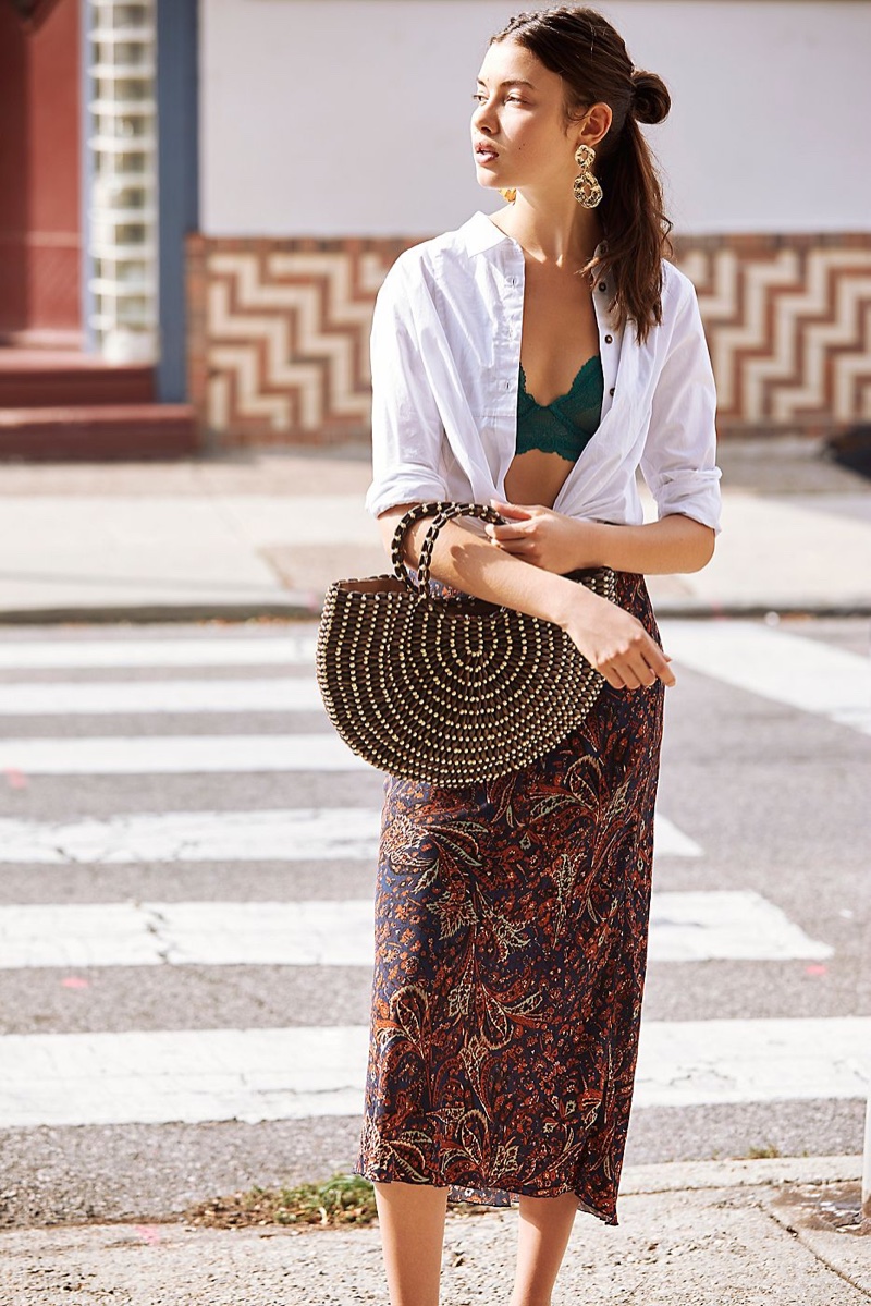 Free People Through The Canyon Buttondown Top, Intimately Free People Jasmine Underwire Bra, Free People Kendall Midi Skirt and Ibiza Beaded Tote Bag